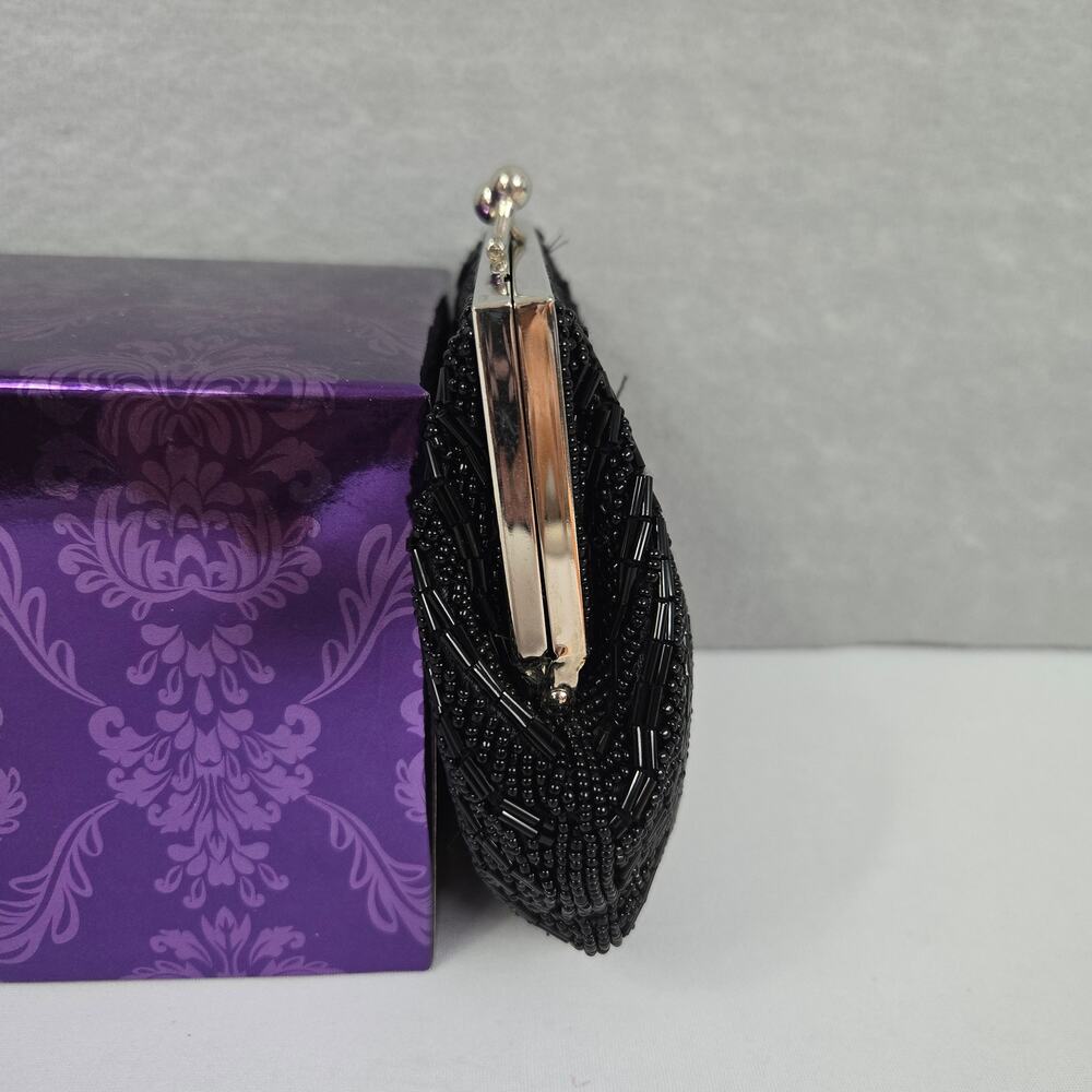 Antique Art Deco Black Beaded Clamshell Clutch Purse Snap Closure Chain Strap - Picture 5 of 14